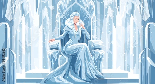 Elegant Ice Queen Sitting On Throne.
