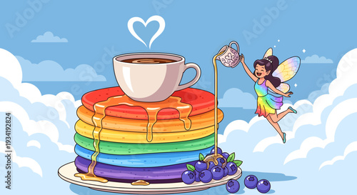Rainbow Pancakes with Coffee and Fairy.