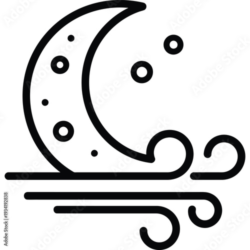 Stylized minimalist line icon showing a crescent moon with small stars and swirling wind, representing a calm, breezy night sky, suitable for weather applications