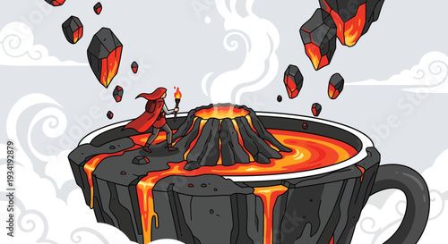 Volcanic Coffee Cup Landscape with Floating Rocks.