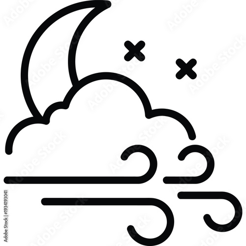 Minimalist black outline icon representing a windy, cloudy night, featuring a crescent moon and stars, perfect for weather forecasts and nocturnal themes