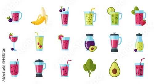 A vibrant assortment of refreshing fruit smoothies and smoothie-making ingredients