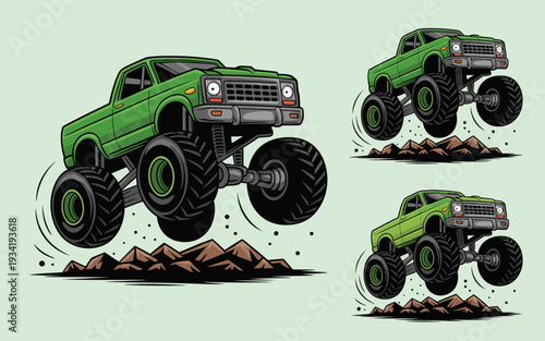 A green monster truck jumps over rocks in a playful illustration