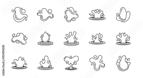 Water splash line icon set. Liquid drops vector