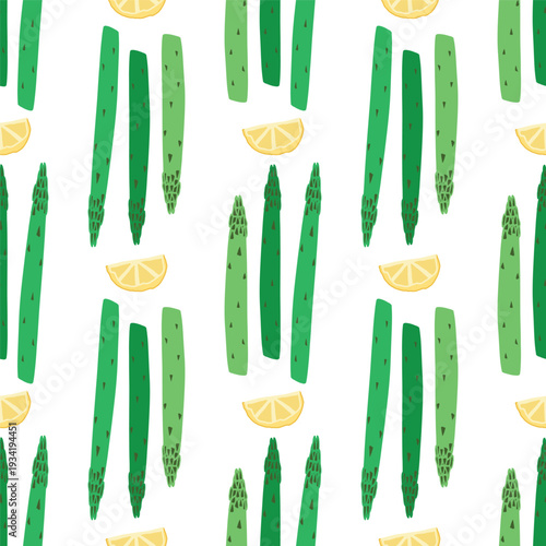 Seamless vertical pattern with asparagus and lemon wedges arranged in rows. Bright flat vector illustration ideal for food packaging, textiles, and kitchen decor.