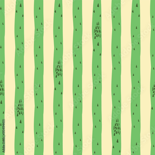 Seamless vertical pattern with asparagus and lemon wedges arranged in rows. Bright flat vector illustration ideal for food packaging, textiles, and kitchen decor.