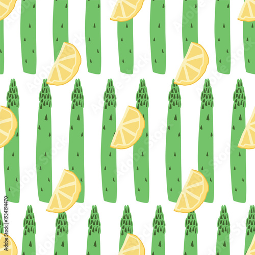 Seamless vertical pattern with asparagus and lemon wedges arranged in rows. Bright flat vector illustration ideal for food packaging, textiles, and kitchen decor.