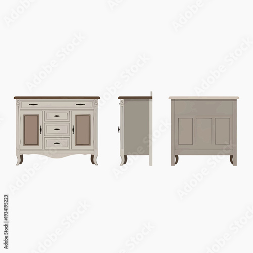Classic vintage wooden sideboard cabinet furniture flat vector set