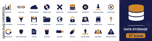 Data storage icon set. Containing database server, cloud storage, memory card, USB drive, folder, file, floppy disk, upload, download, lock, shield, sync, and more. Solid fill icons.