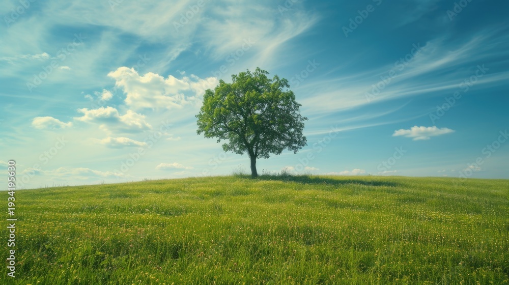 Fototapeta premium Green meadow with a solitary tree. AI generative.