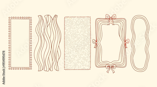 Collection of ornate brown borders and frames with floral patterns and ribbons on beige background