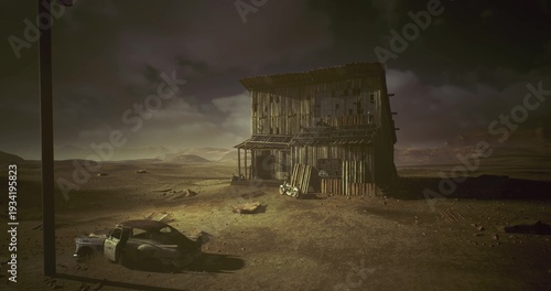 Fotografie Desert shack at dusk with fallen drifter near porch, weathered wood, scattered d