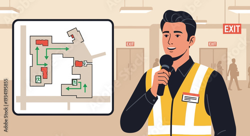Man in safety vest holding microphone explaining evacuation plan.