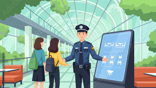 Police officer assisting visitors with information kiosk.