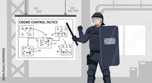 Police Officer Demonstrating Crowd Control Tactics Strategy.