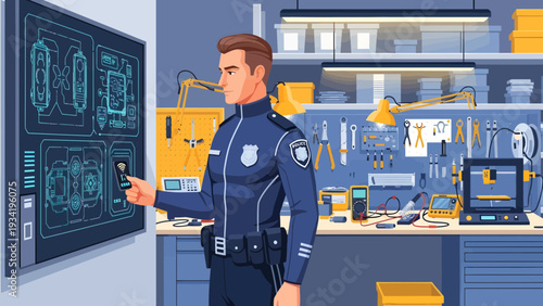 Police Officer Examining Security System Display.