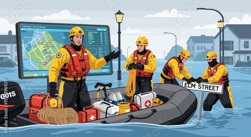 Rescue team navigating flooded street in inflatable boat.