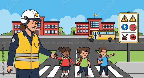 School crossing guard helps children cross the street safely.