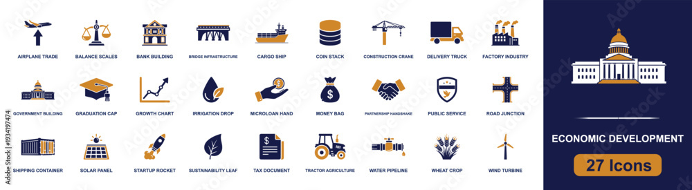 Fototapeta premium Economic development icon set. Containing government, bank, trade, cargo ship, infrastructure, agriculture, microloan, tax, solar, wind, factory, and more. Solid fill icons collection.