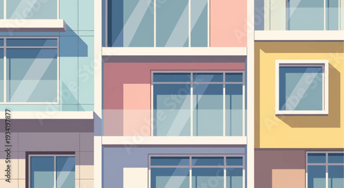 Abstract architectural artwork showcasing modern apartment facade with vibrant colors
