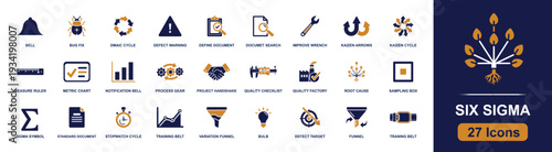 Six Sigma icon set. Containing DMAIC cycle, defect warning, quality checklist, process gear, kaizen arrows, root cause, variation funnel, training belt and more. Solid fill vector icons collection
