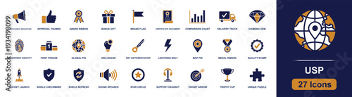 USP icon set. Containing unique puzzle, key differentiator, brand flag, quality stamp, award ribbon, bonus gift, comparison chart, global pin and more. Solid fill vector icons collection