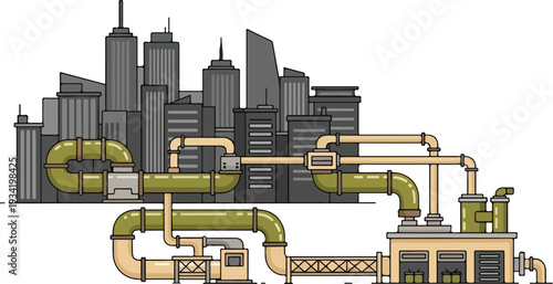 Industrial infrastructure illustration showcasing pipes, machinery, and cityscape in a detailed isometric view