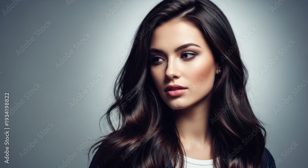 Naklejka premium A woman with long dark wavy hair, soft makeup, and a white top