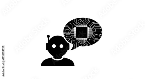 Silhouette of a humanoid robot with circuit board speech bubble