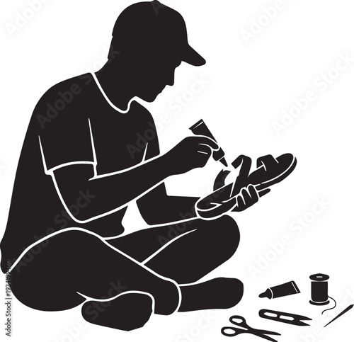 Man Repairing Sandals Silhouette Illustration