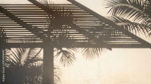 Architectural Shadow Pattern Background on Off-White Wall Surface. Sophisticated minimalist background showing a clean wall with sharp shadow lines from a slatted pergola and palm trees.