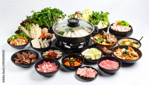 asian hot pot set with raw meat vegetables