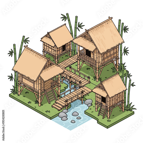 Tropical Village with Wooden Stilt Houses and Waterway.