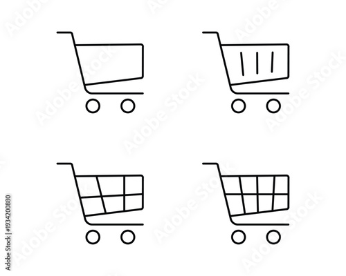 Shopping cart icons collection with different levels of fullness represented by lines and grids, empty and full shopping trolleys on white background simple outline vector illustrations
