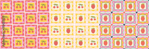 Strawberry and cherry seamless pattern set in patchwork style. Summer berry background with wavy frames. Colorful naive doodle for kitchen textile, jam packaging and digital paper.