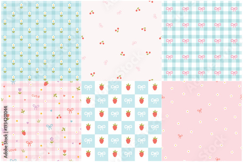 Kawaii seamless pattern set with strawberry, bow and daisy. Minimalist pastel background with ribbons and flowers. Cute silly doodle collection for coquette aesthetic, textile and stationery.