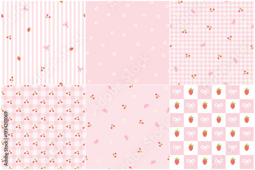 Coquette aesthetic seamless pattern set with cherry, bow and strawberry. Pink girly background with ribbons, hearts and flowers. Cute flirty doodle for textile, stationery and digital paper.