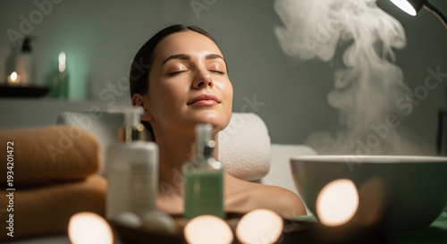 A beautiful woman indulges in a deeply calming spa ritual, enveloped by soothing steam and the warm glow of candlelight, achieving pure relaxation and mindful serenity