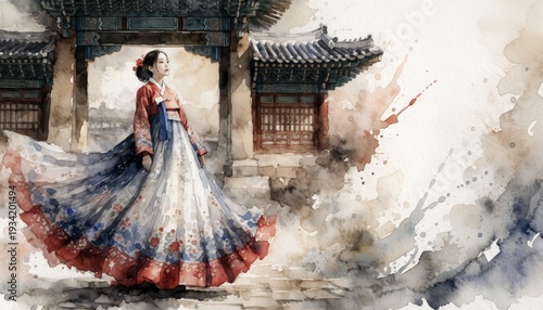 Young woman in traditional hanbok twirling near historic architecture, watercolor, copy space 