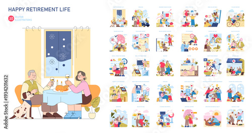 Happy Retirement Life with Family Vector Illustrations