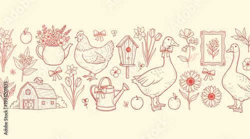 Chicken and floral pattern with birdhouse and garden tools on cream background