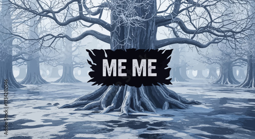 A mystical winter landscape with a tree's roots and branches, featuring a 'ME ME' text on a black banner, set against a foggy, monochromatic background with ice crystal frost patterns.