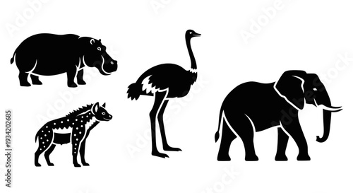 African Wildlife Silhouettes: Elephant, Hippopotamus, Ostrich, and Hyena Collection