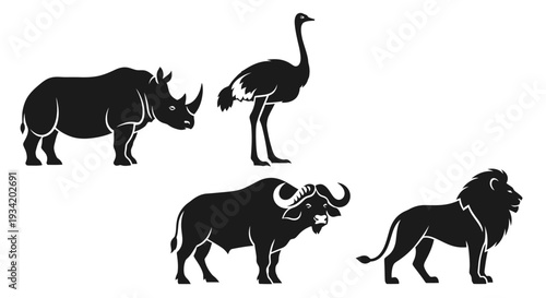 African Wildlife Silhouettes Collection: Rhino, Ostrich, Buffalo, Lion Icons