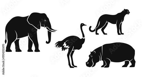 African Wildlife Silhouettes: Elephant, Ostrich, Cheetah, and Hippopotamus Icons