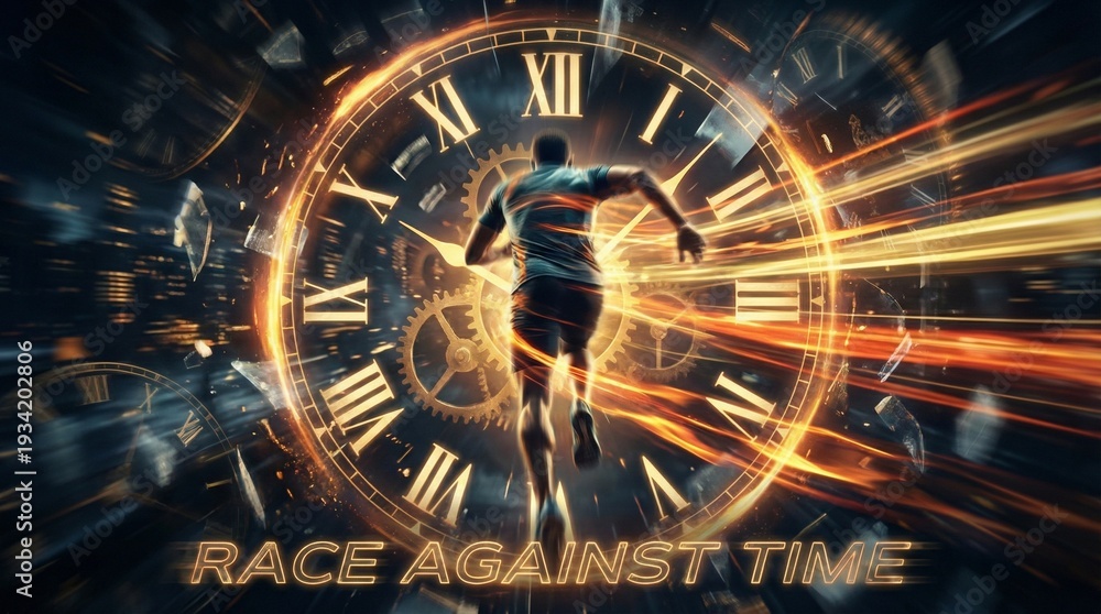 Obraz premium Man Running Against a Glowing Clock Face with 