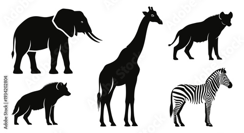 African Wildlife Silhouettes Vector Set - Elephant, Giraffe, Zebra, Hyena