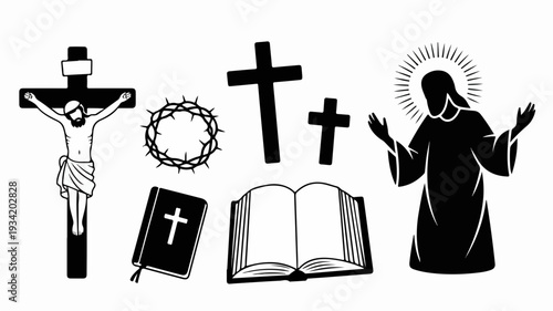 Christianity symbols and jesus christ icon in black and white holy religious imagery