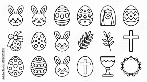 Easter icons set including bunnies eggs religious symbols and spring leaves on white background