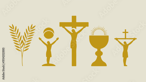 Christian faith symbols including wheat host cross chalice and crucifix on beige